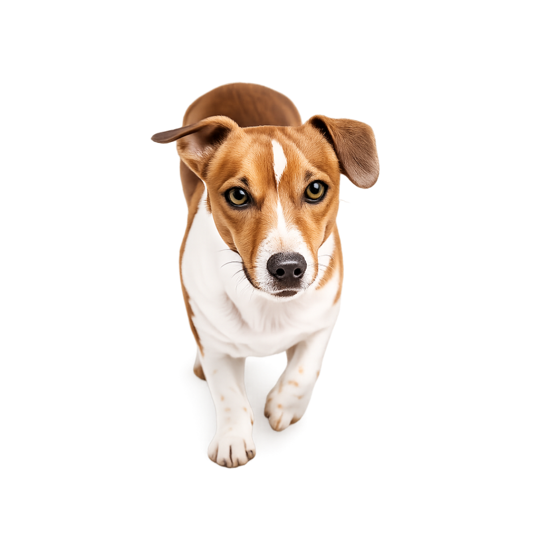 Dog with brown and white coat on a white background
