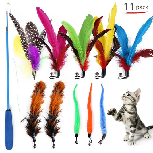 Cat Feather Teaser Toy Set Interactive Wand Refills Indoor Kitten Play