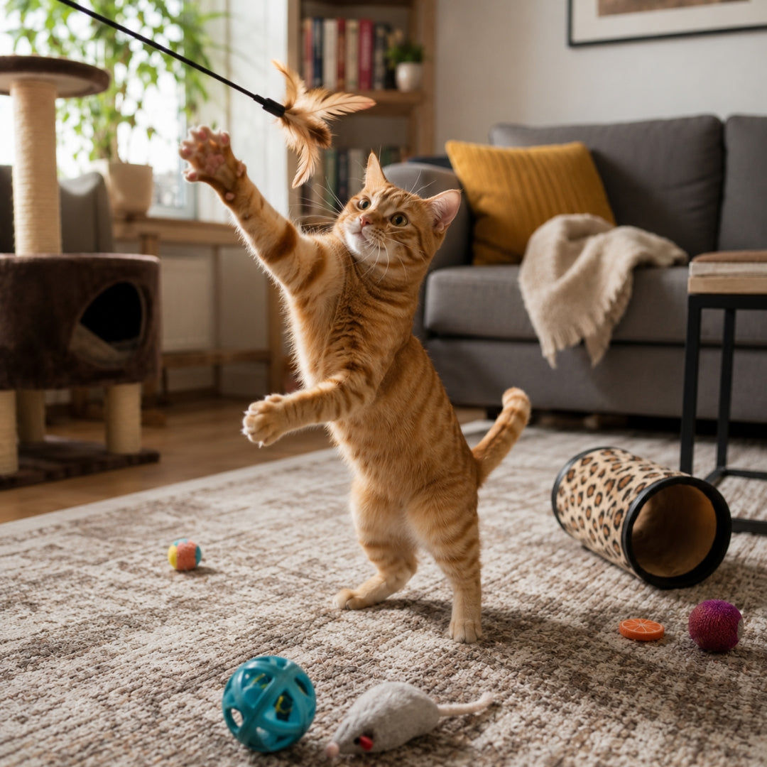 Cat playing with a feather toy on a carpeted floor in a living room.