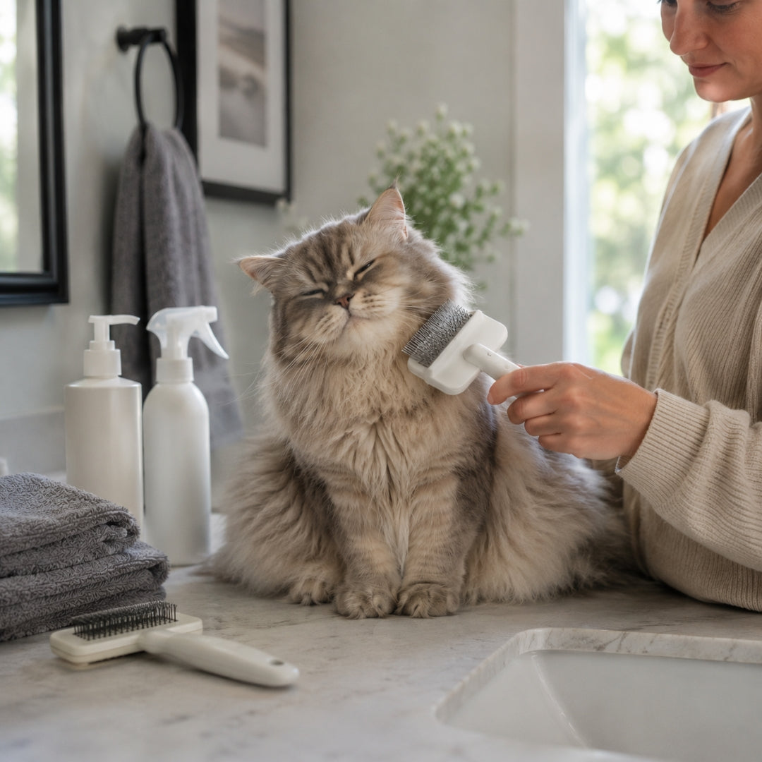 Woman grooming a fluffy cat with a brush on a bathroom counter.