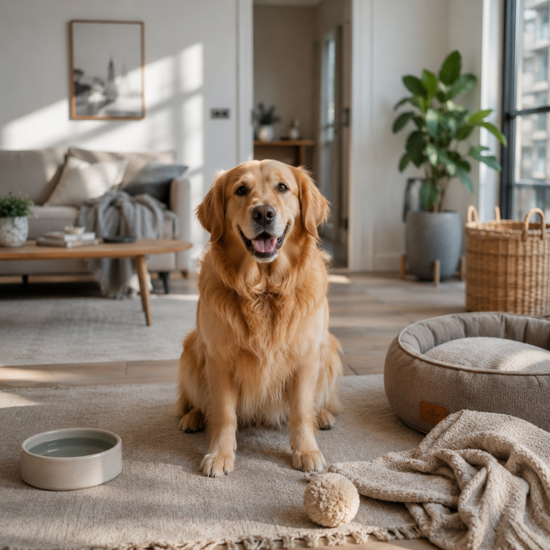 Golden retriever sitting on a rug in a cozy living room with a pet bed and water bowl.