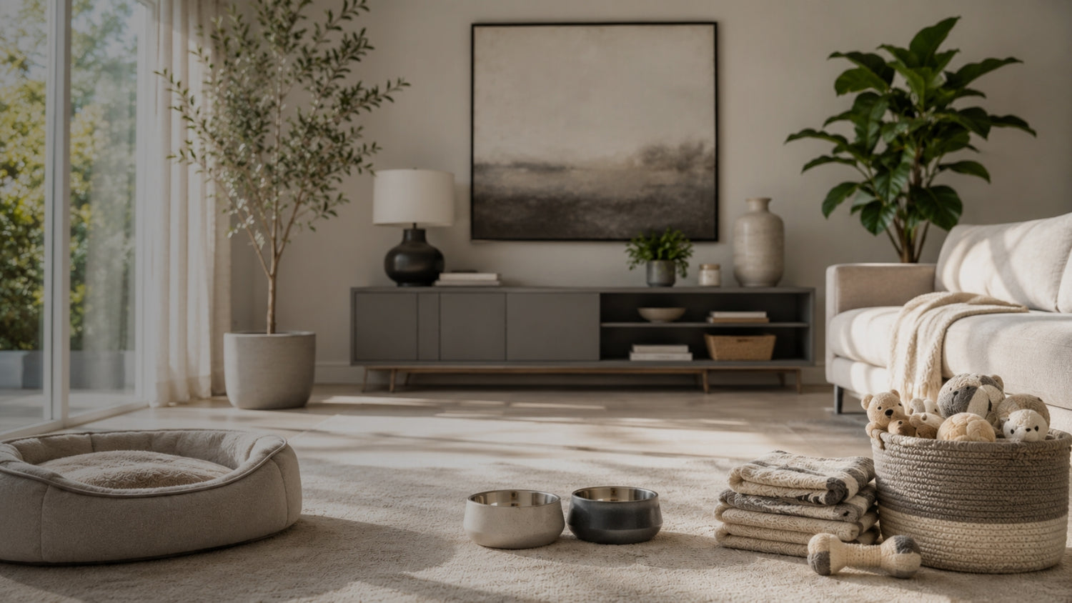 Modern living room with neutral decor, furniture, and decorative items.