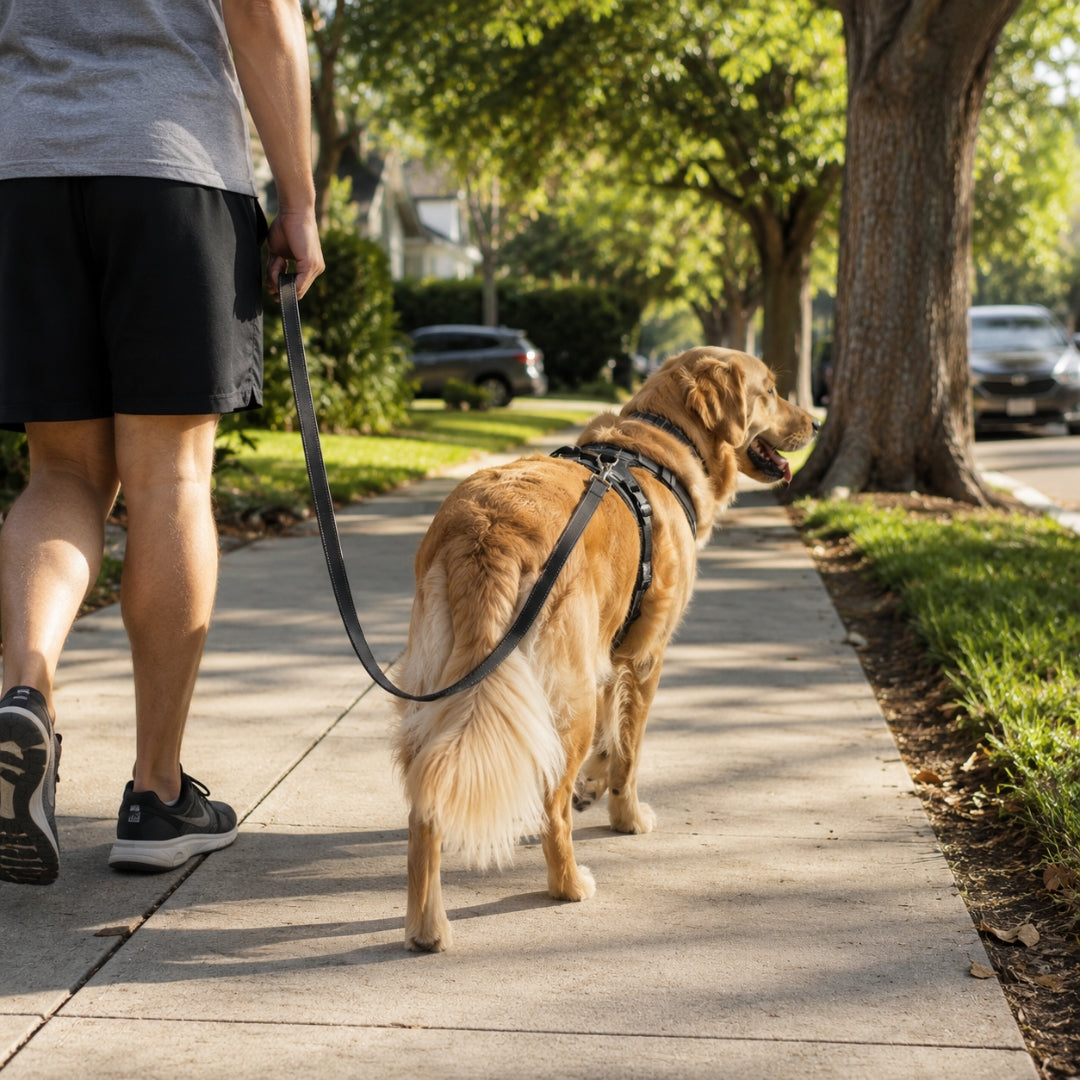 Person walking a dog on a leash along a sidewalk with trees and cars in the background