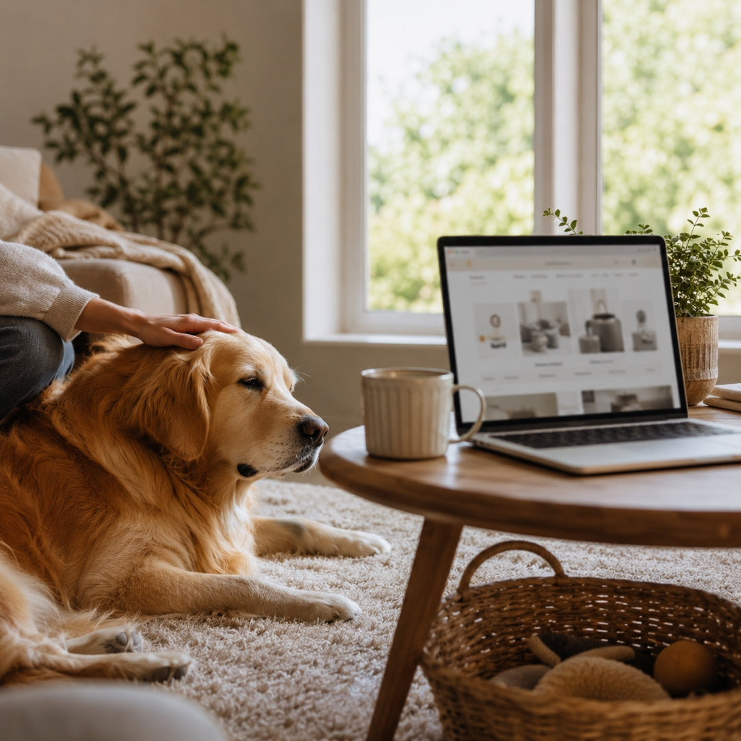 Person petting a dog next to a laptop on a table with a cup and basket in a room with large windows.